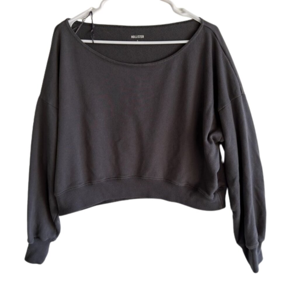 Hollister Cropped Pullover Sweatshirt Charcoal Gray Wide Neck Small
